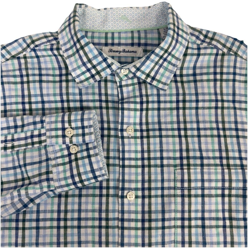 Tommy Bahama Linen Blend Men’s L Long Sleeve Button Down Shirt Grid Check Multi